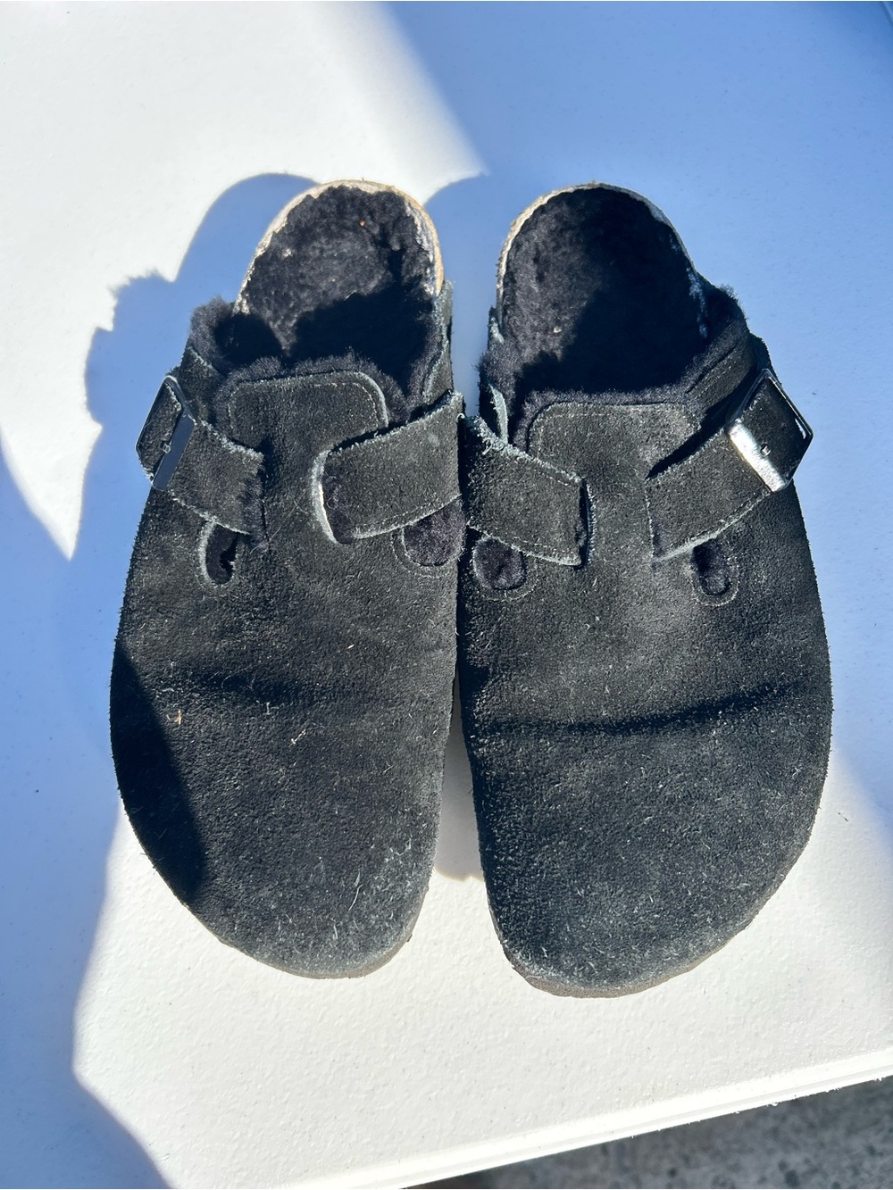 Birkenstock Black Suede sheep Lined Slip-On Clogs with Buckle